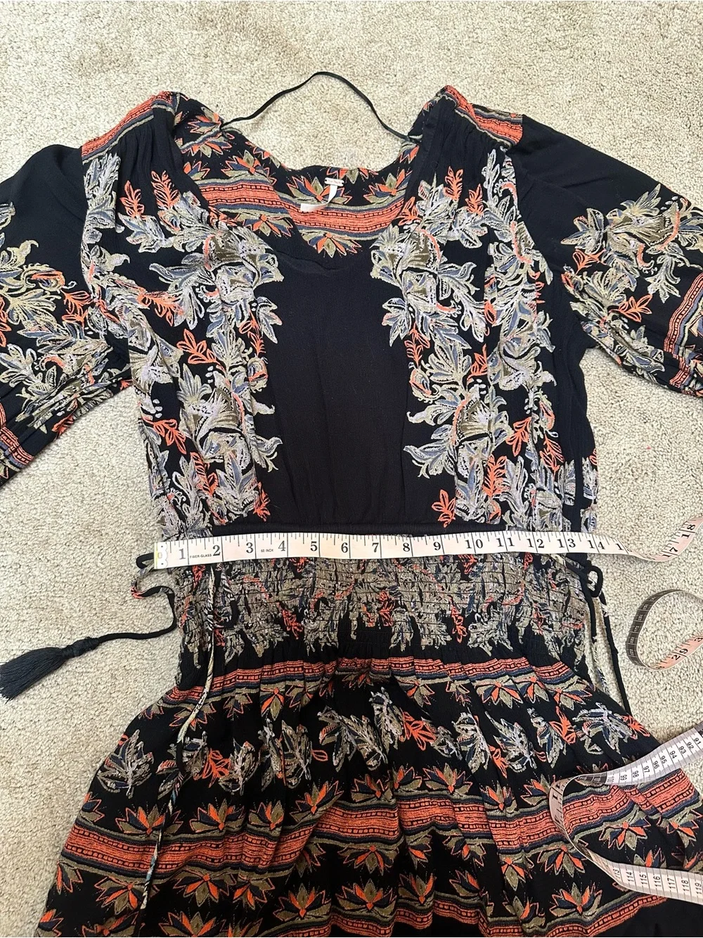 Free People Cinched Balloon Sleeve Mini Dress Black Whimsigoth Floral Sz M Boho